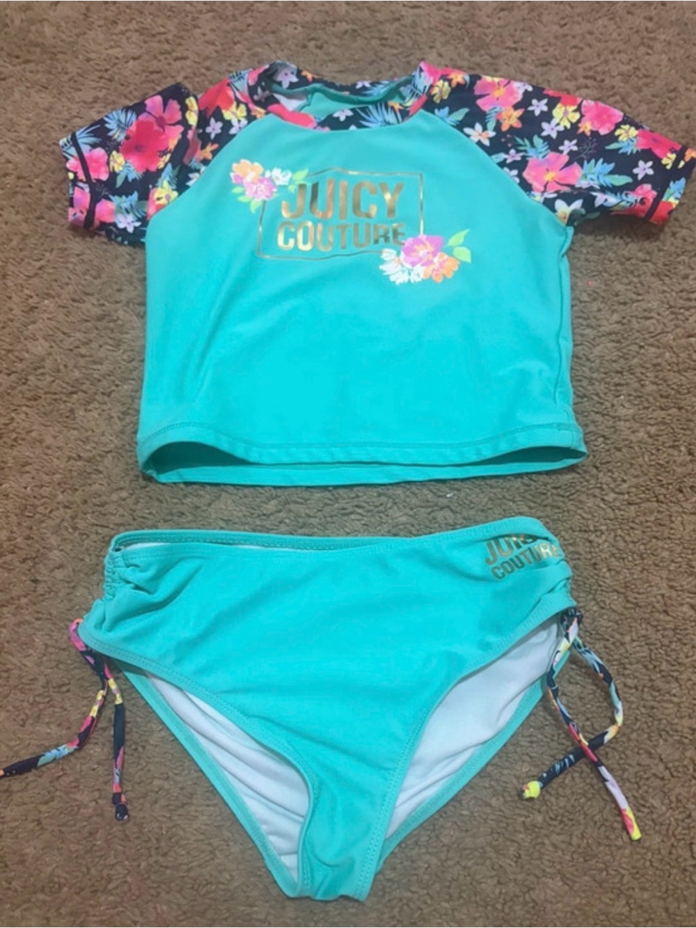 Juicy Couture Teal Floral-Sleeve Rash Guard Bikini